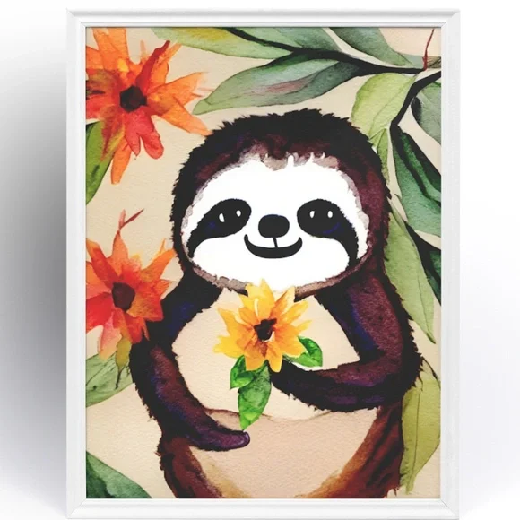 Wall Art Watercolor Floral Cute Sloth Illustration Print Poster Card Unframed - Picture 2 of 5